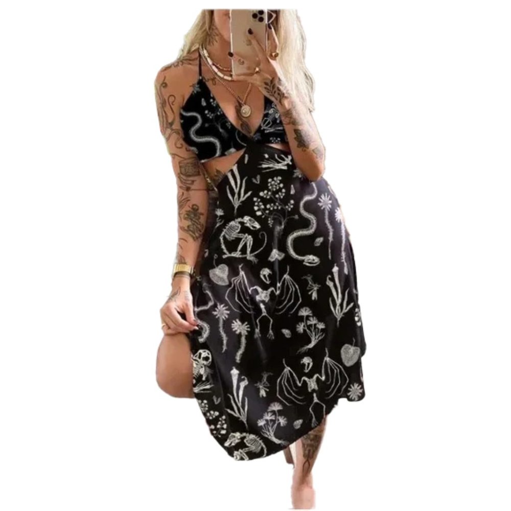 🆕 Fantastic Animal Skeleton Printed Midi Dress Size L
